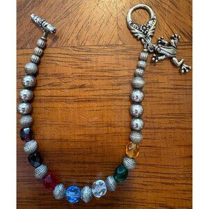 Vintage Style Beaded Silver Tone Bracelet With Frog Charm & Toggle Clasp